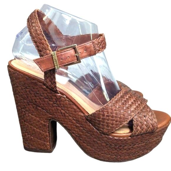 Schutz Brown Tan braid woven leather platform open toe sandal heels womens 9 - Picture 3 of 8